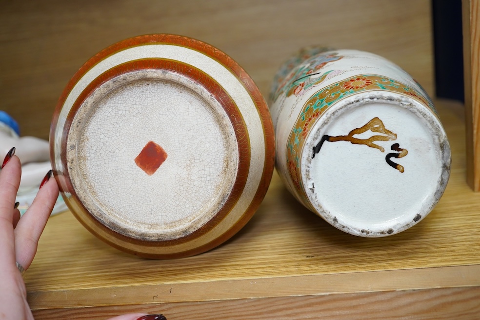 Two Japanese Satsuma vases, tallest 31cm high. Condition - both have damage